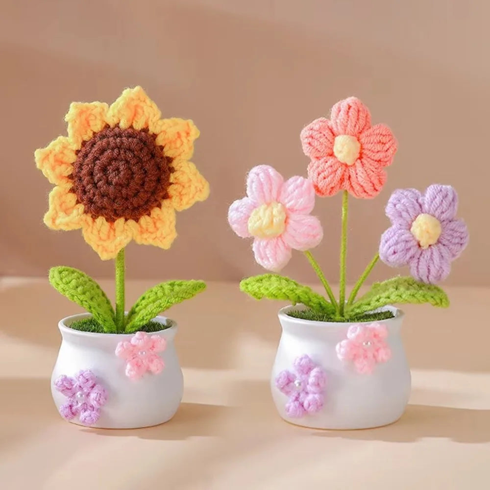 Mini Handmade Crochet Flower Pot – Sunflower & Tulip Décor