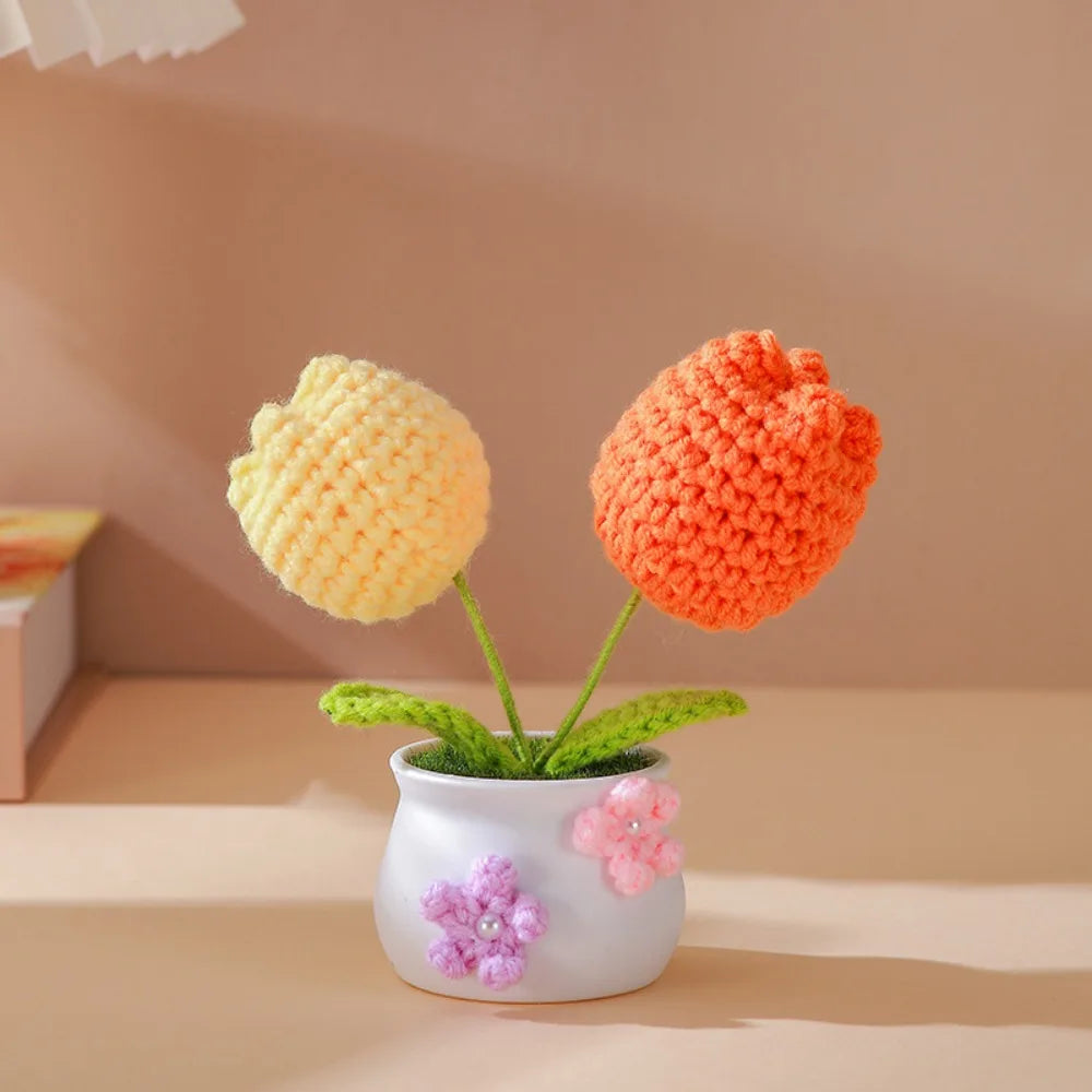 Mini Handmade Crochet Flower Pot – Sunflower & Tulip Décor