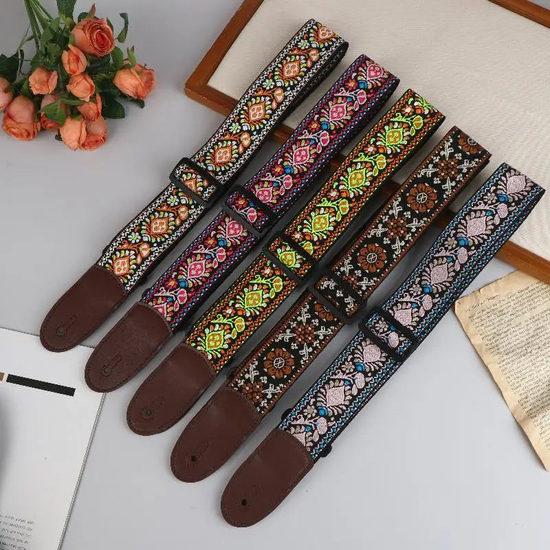 Embroidered Guitar Strap – Adjustable PU Leather & Cotton