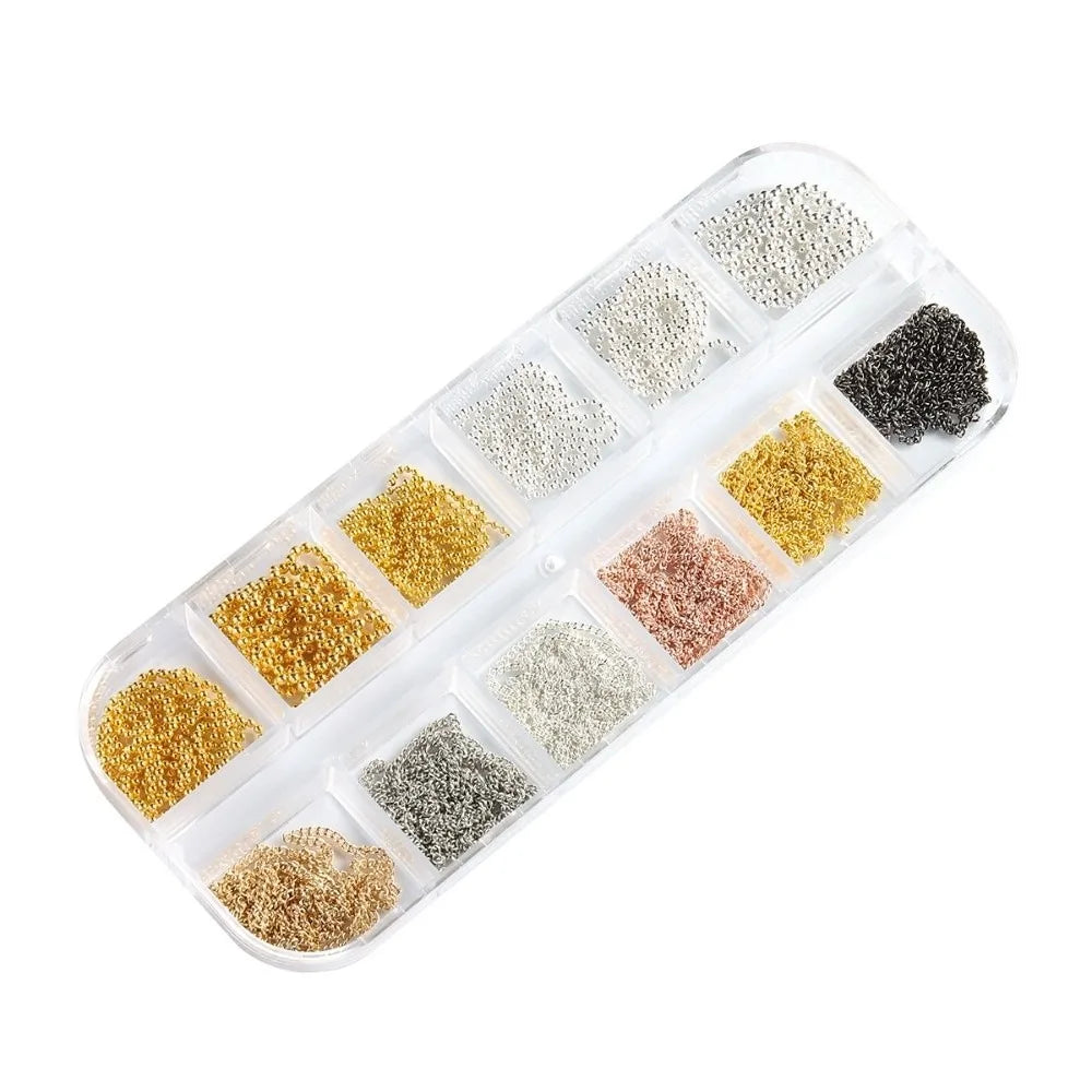 12-Grid Metal Nail Art Chains & Beads Set – Gold & Silver