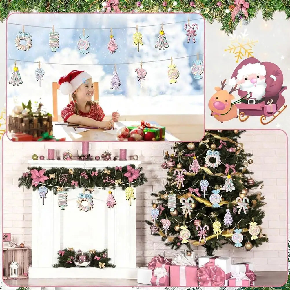 Wooden Pastel Candy Christmas Ornaments Set – 12/24/36 Pcs