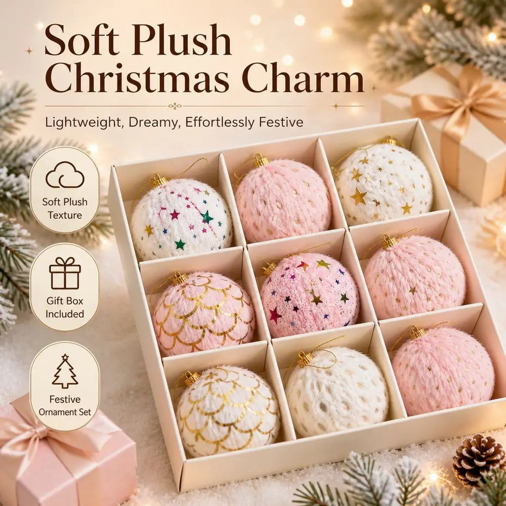 Plush Fabric Christmas Ball Ornaments – 9-Piece Gift Box Set