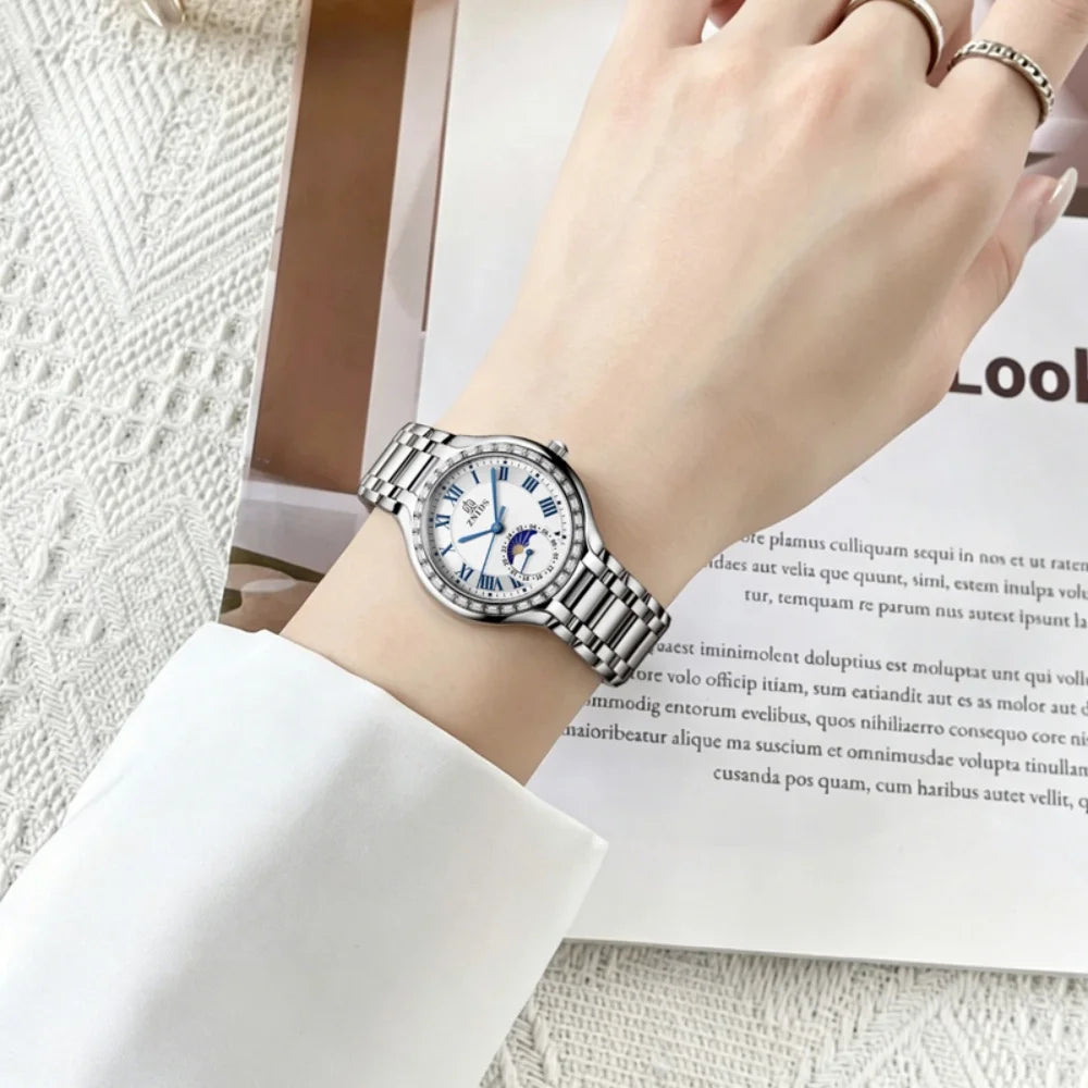 Women's Quartz Watch – Moon Phase Roman Numeral Steel Band