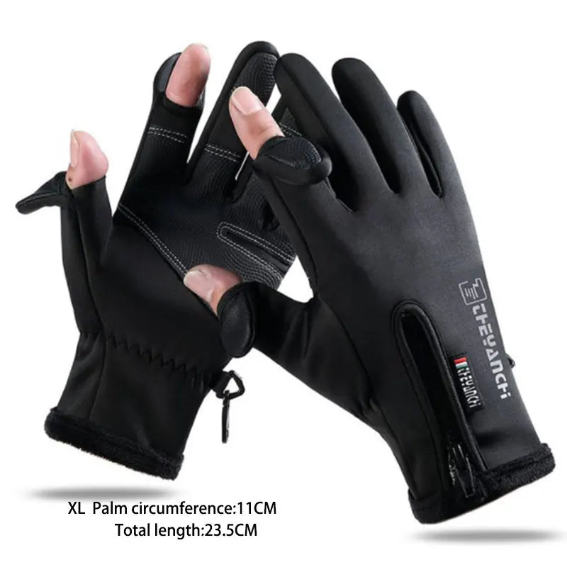 Winter Fishing Gloves 2-Finger Flip Waterproof Fleece Cycling