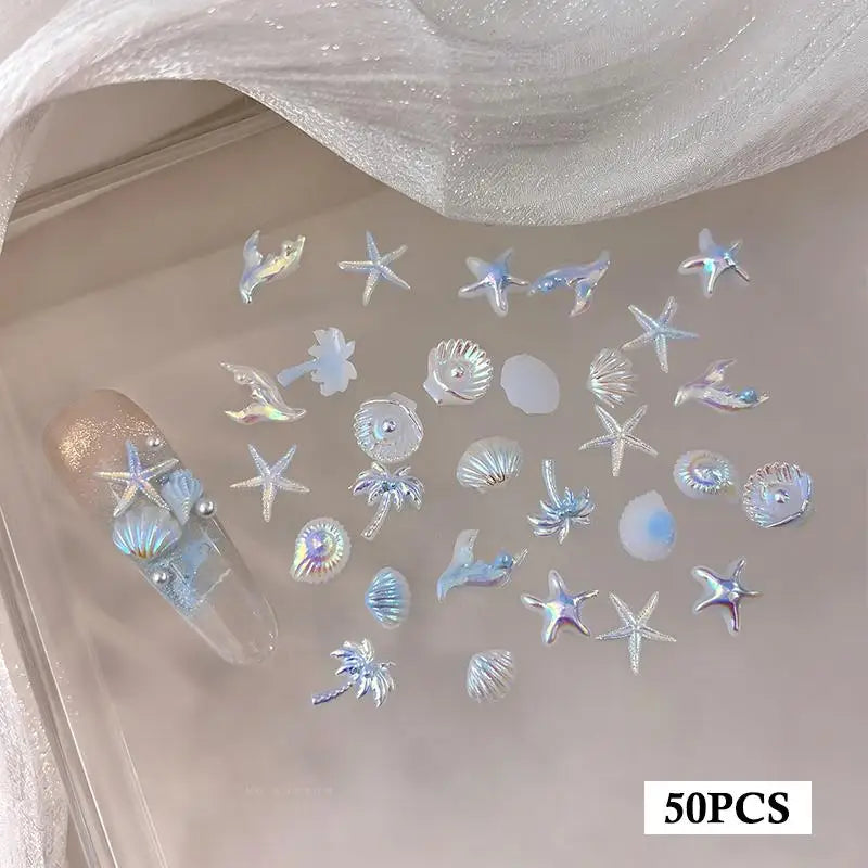 50-Piece Ocean Nail Charms – Aurora Shell Mermaid Starfish Set