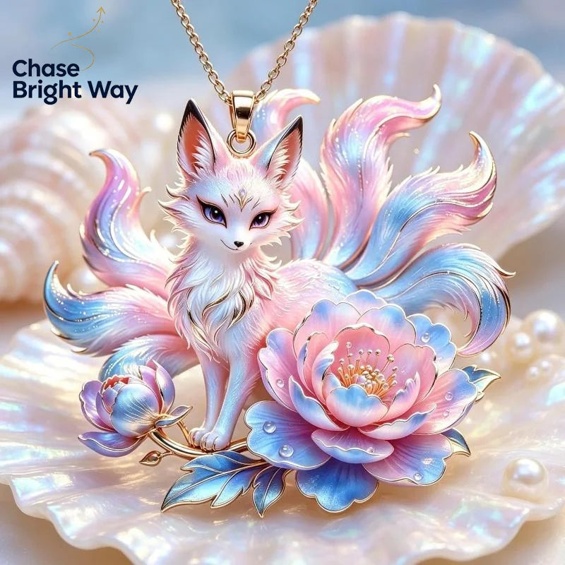 Nine Tailed Fox & Peony Pendant Necklace – Nickel Free