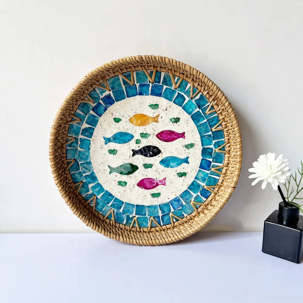Shell Mosaic Round Woven Rattan Tray | Boho Home Decor