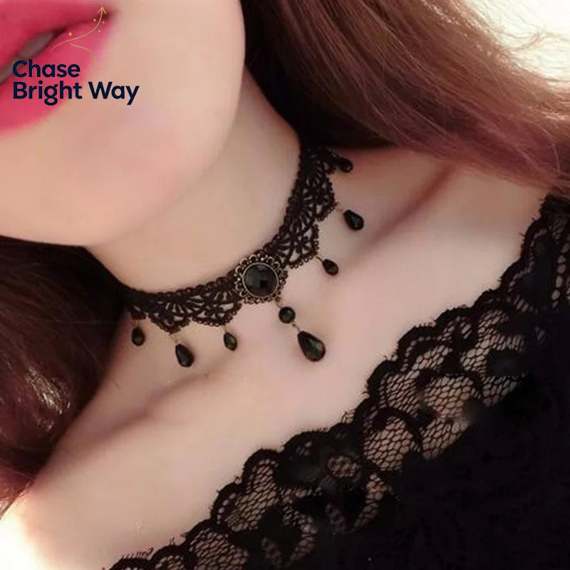 Gothic Crystal Lace Choker Necklace | Neo-Victorian Women's Jewelry