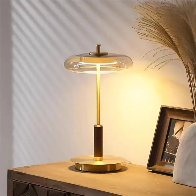 Vintage Mushroom Table Lamp – Walnut Brass Gold LED Bedside Light