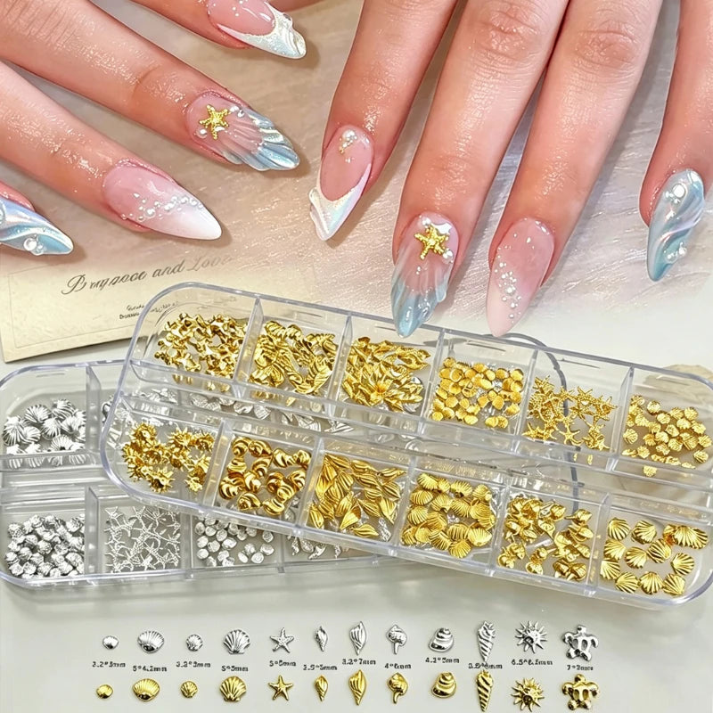 12-Grid Ocean Metal Nail Charms – Shell Starfish Gold & Silver