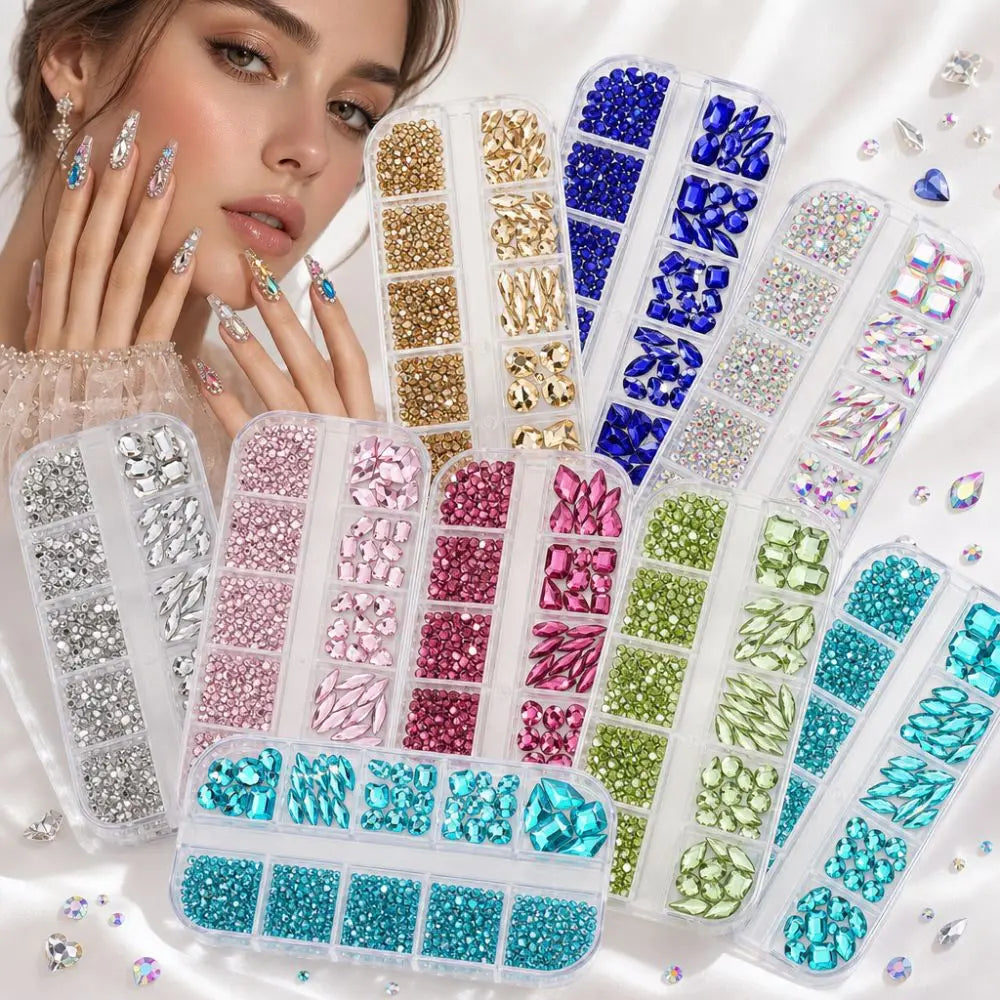 12-Grid 3D Nail Art Rhinestones – Mixed Flatback Gems & Charms