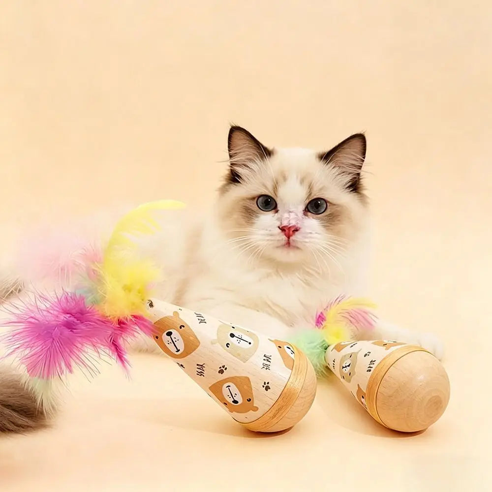 Wooden Tumbler Cat Toy – Feather Wobbler, No Batteries Needed