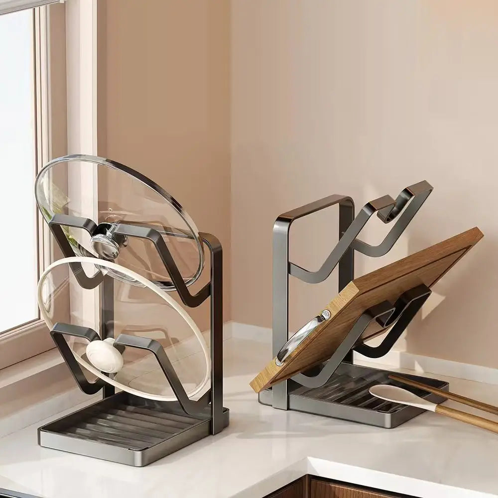 Upright Pot Lid Organizer Rack with Drip Tray | U-Groove