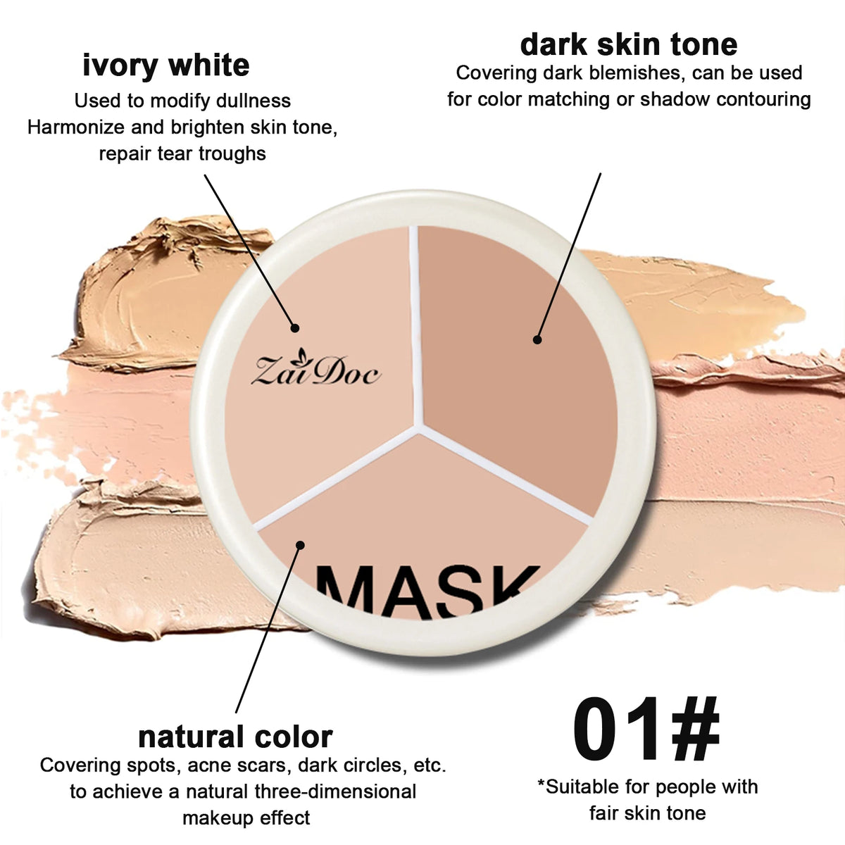 ZaiDoc 3-Color Concealer Palette – Full Coverage Cream