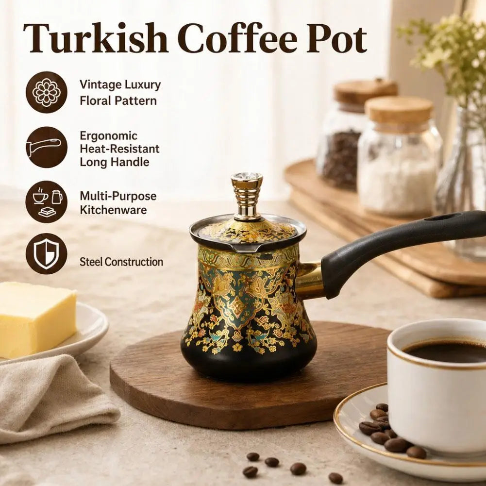 Stainless Steel Turkish Coffee Pot | 350/550/750ml Gold Floral
