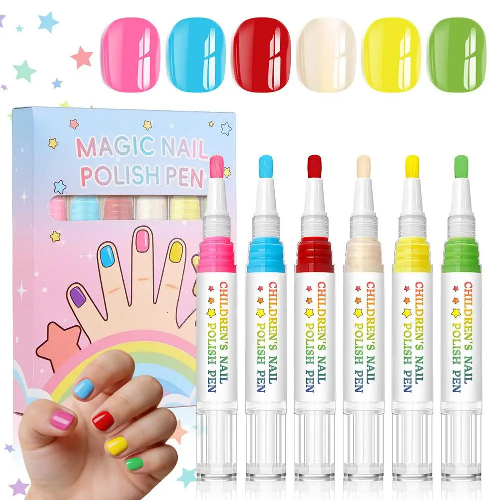 Kids Nail Polish Pen Set – 6 Colors Peel-Off DIY Nail Art