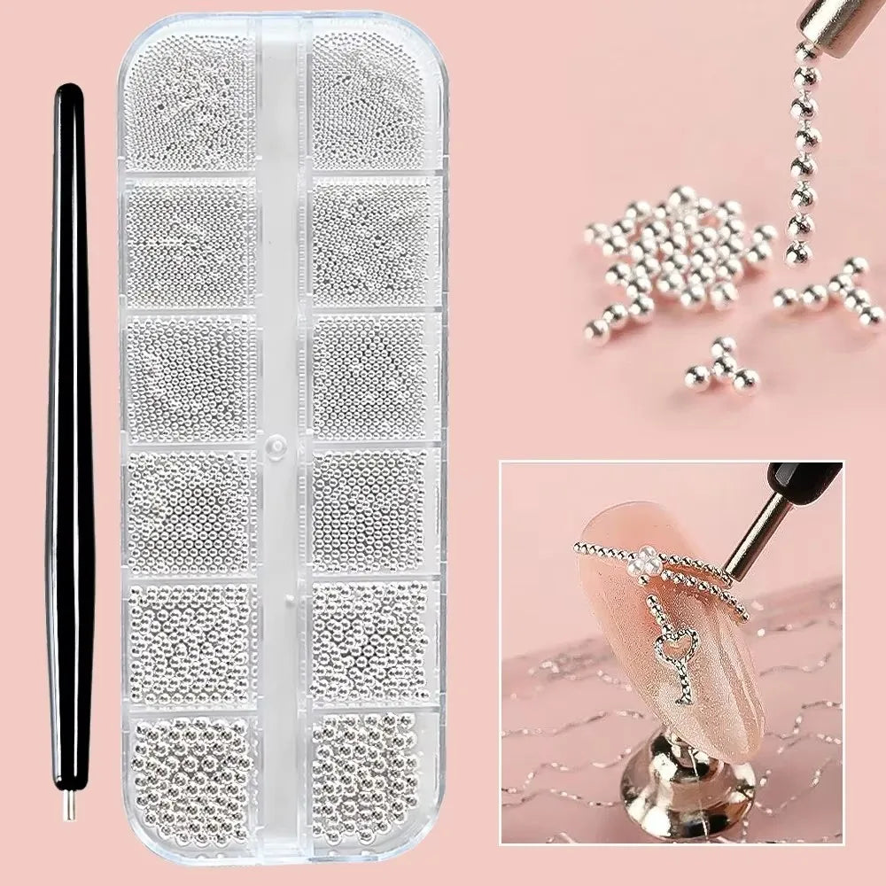 12-Grid Mini Caviar Beads – Gold Silver Micro Ball Nail Art Set