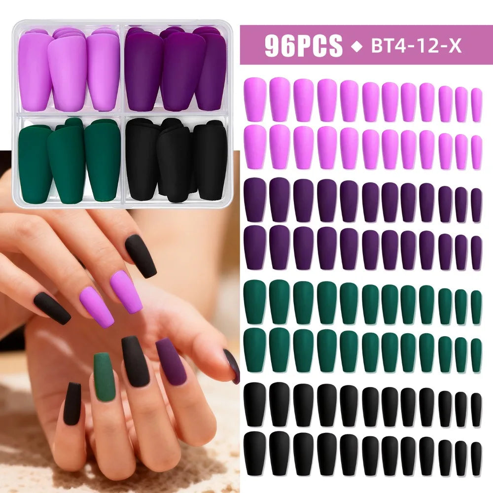 96-Pack Coffin Press On Nails – Matte Mix Color Full Cover Tips