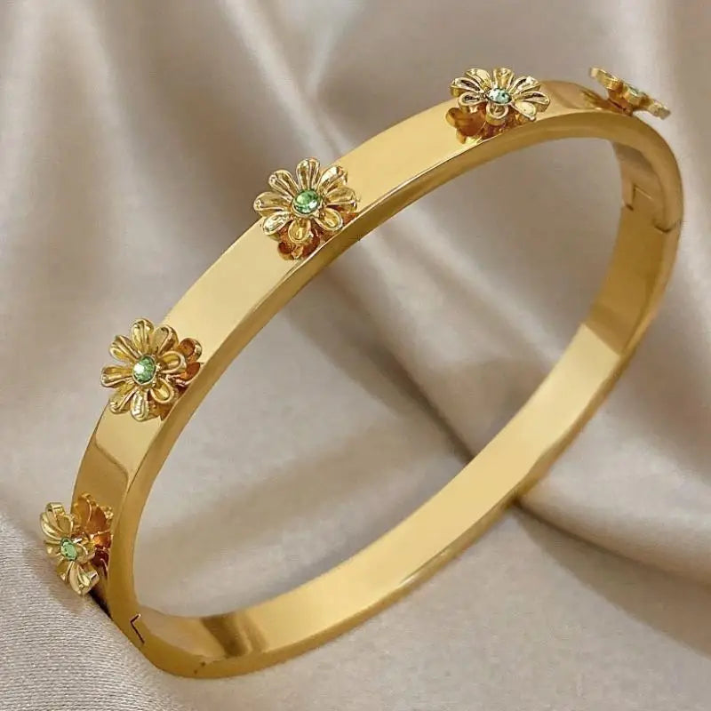 Titanium Steel Flower Rhinestone Cuff Bangle Bracelet for Women