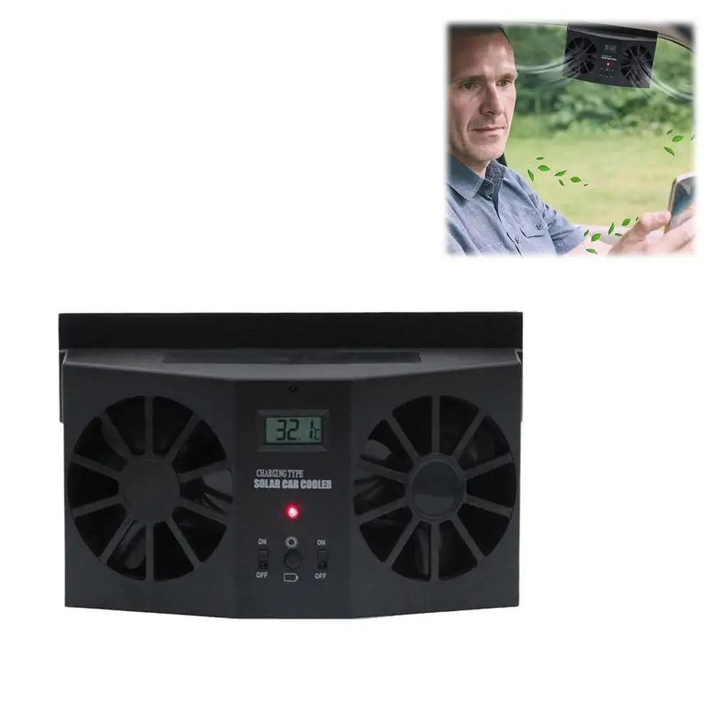 Solar Car Ventilation Fan – Dual Motor Cooling & Thermometer