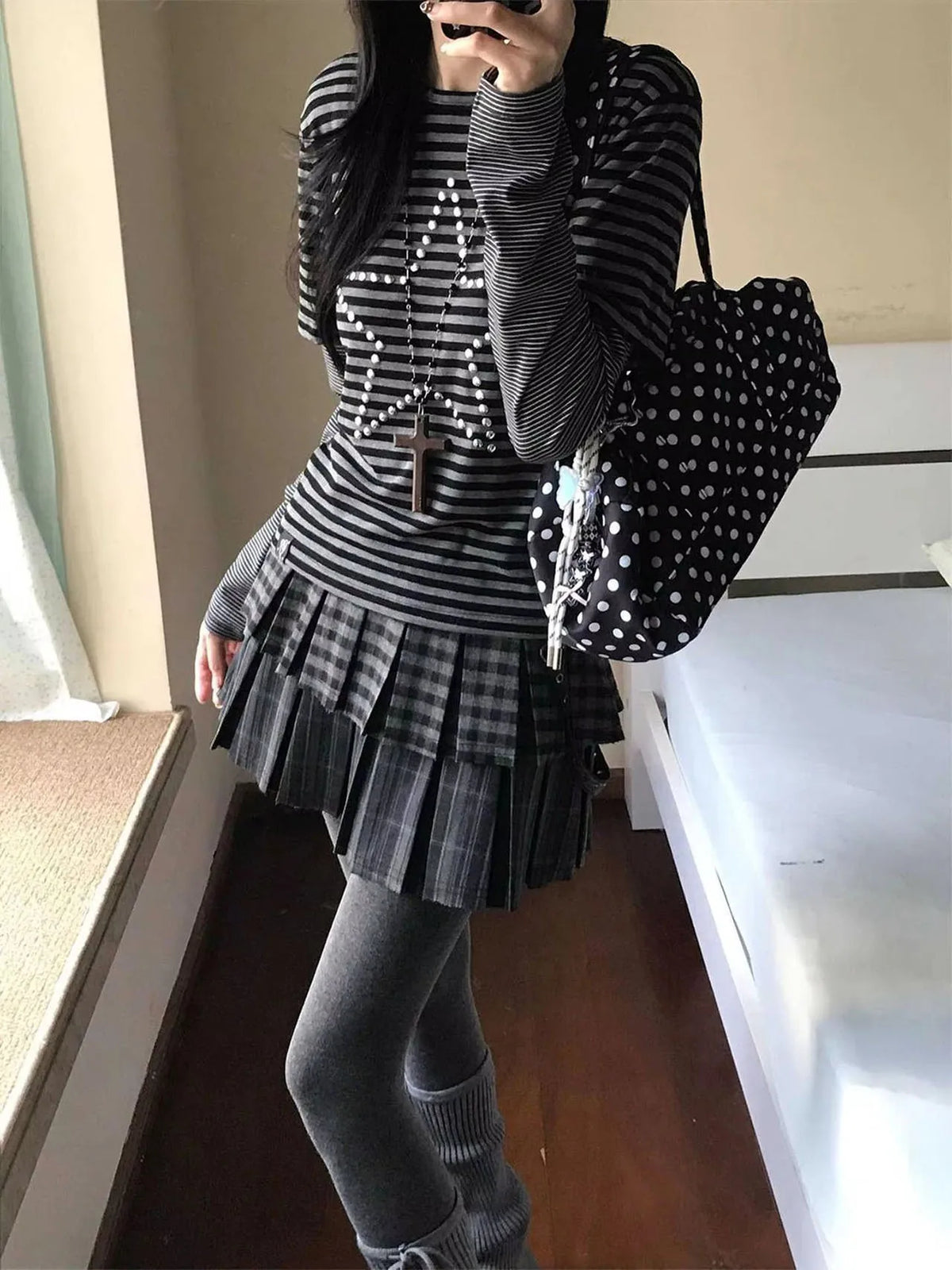 Women's Y2K Rhinestone Star Striped Long Sleeve Slim Fit Tee