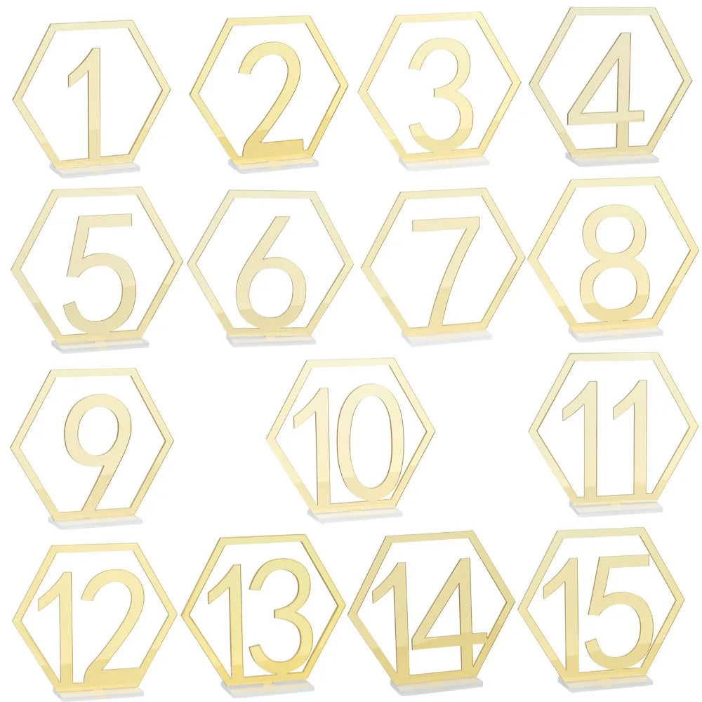 Hexagon Acrylic Table Numbers 1–15 with Stands | Dark Green Gold