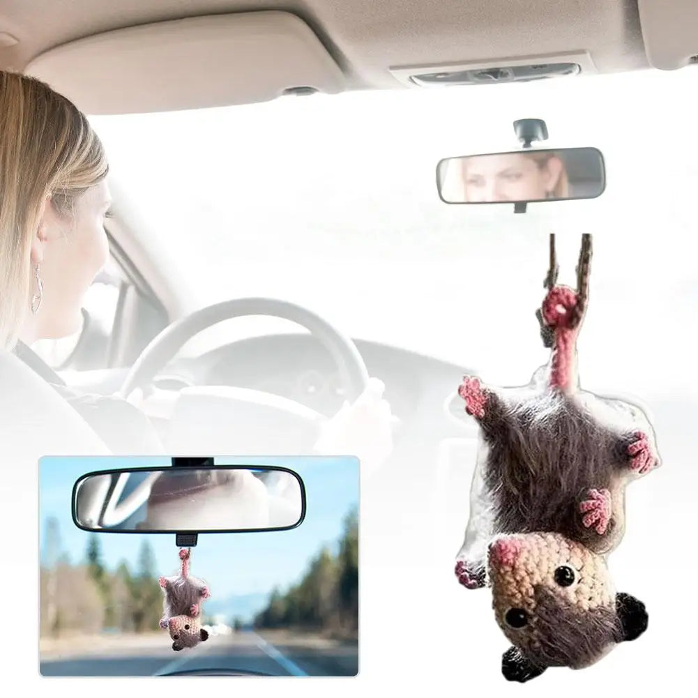 Crochet Opossum Car Charm – Handmade Knitted Rearview Mirror Pendant