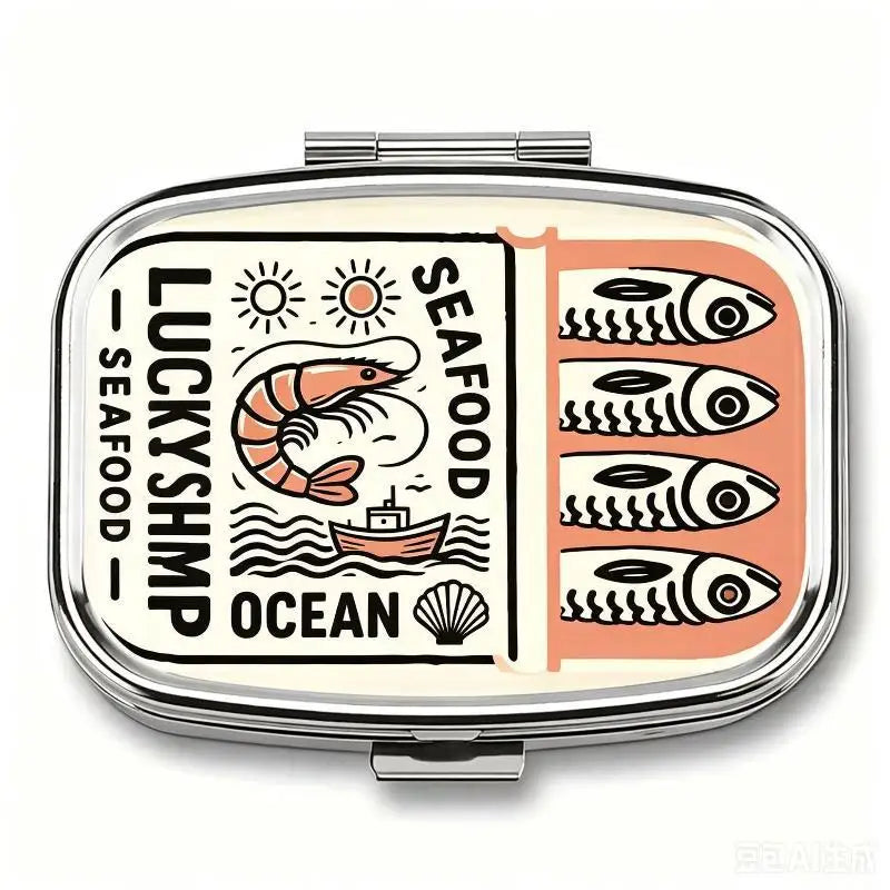 Sardines Print Metal Pill Box – 2-Compartment Travel Organizer