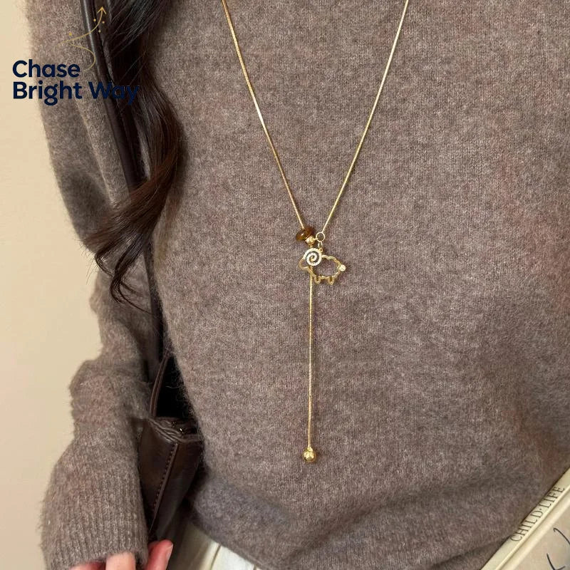 Women's Lamb Lariat Necklace – Tiger's Eye & CZ Pendant