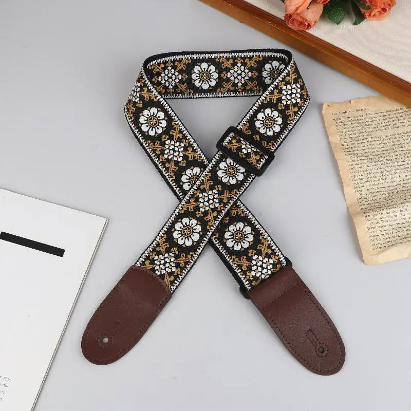 Embroidered Guitar Strap – Adjustable PU Leather & Cotton