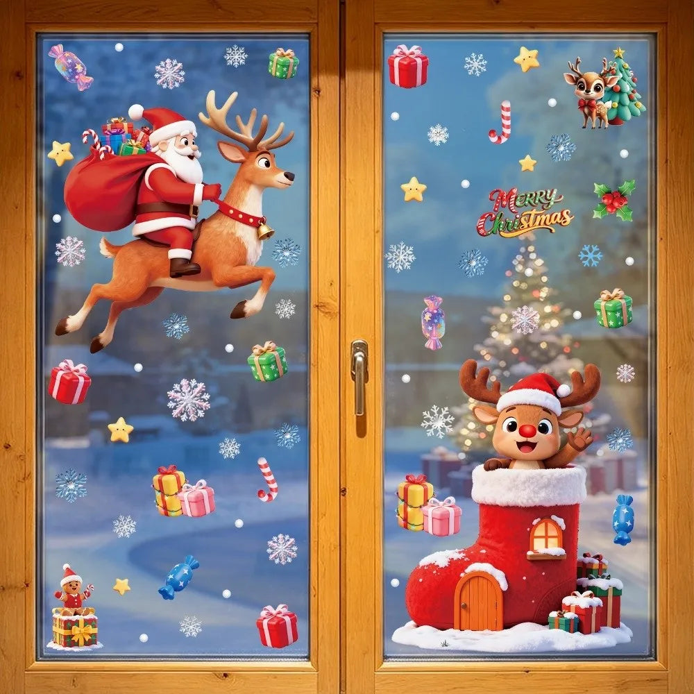 Christmas Window Cling Stickers – Santa Snowman Snowflake 9Pc