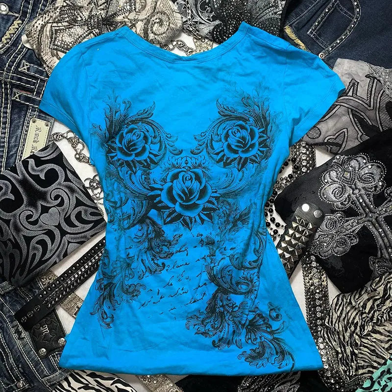 Women's Y2K Rhinestone Heart Rose Grunge T-Shirt | Harajuku Top