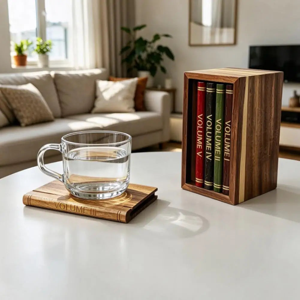 Wooden Book Coaster Set – 5 Acacia Drink Mats with Holder