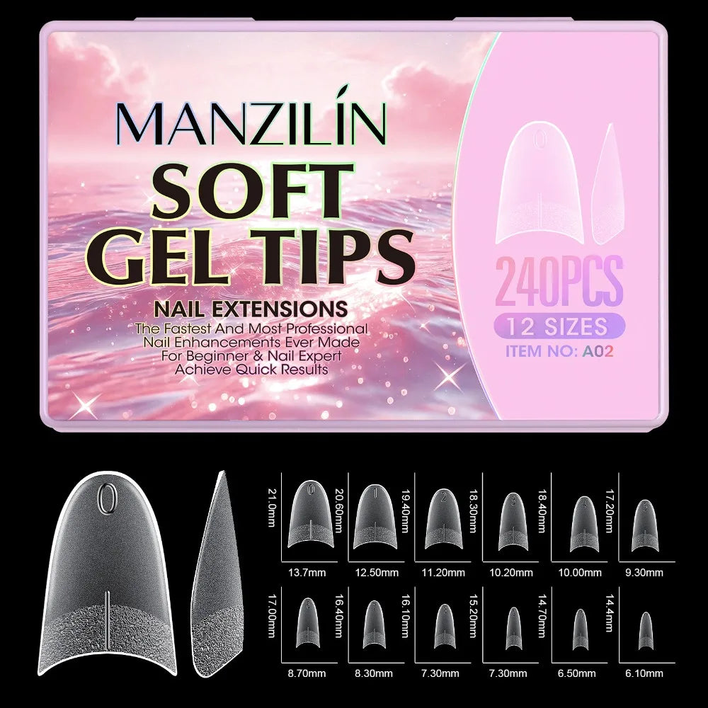 240Pcs Short Almond Soft Gel Nail Tips – 12 Sizes Full Cover