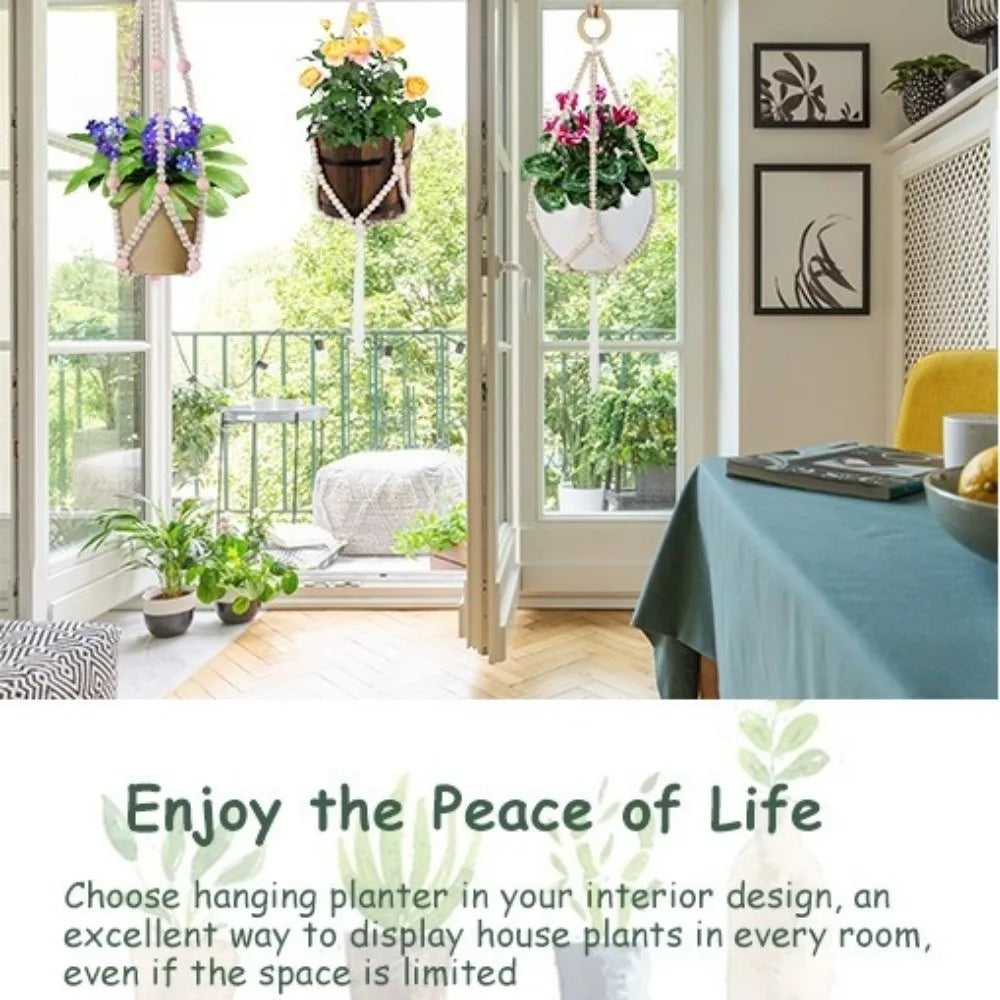 Boho Macrame Plant Hanger – Wood Beads & Cotton Rope