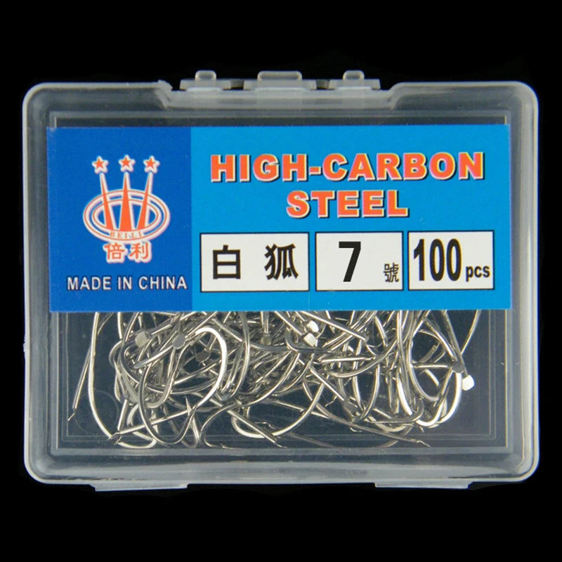100-Pack Barbed Fishing Hooks – High Carbon Steel Boxed