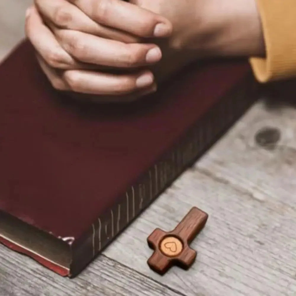 Walnut Wood Pocket Cross – Heart Pattern Spiritual Fidget