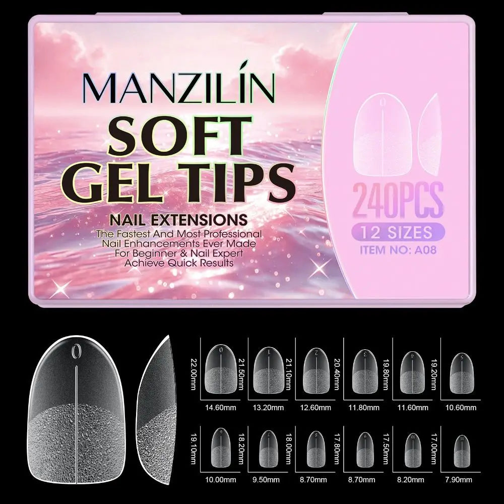 240Pcs Short Almond Soft Gel Nail Tips – 12 Sizes Full Cover