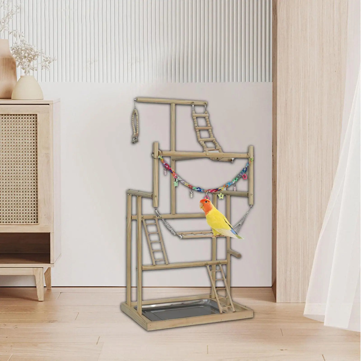 Wooden Parrot Playstand with Ladders & Swings – Budgie Parakeet