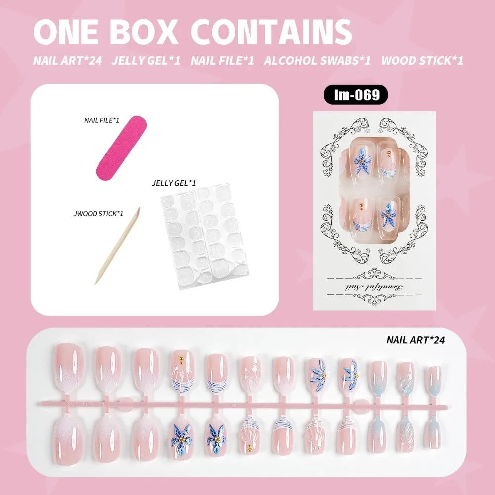 3D Floral Press-On Nails with Pearl Gel Design – 24 Pcs
