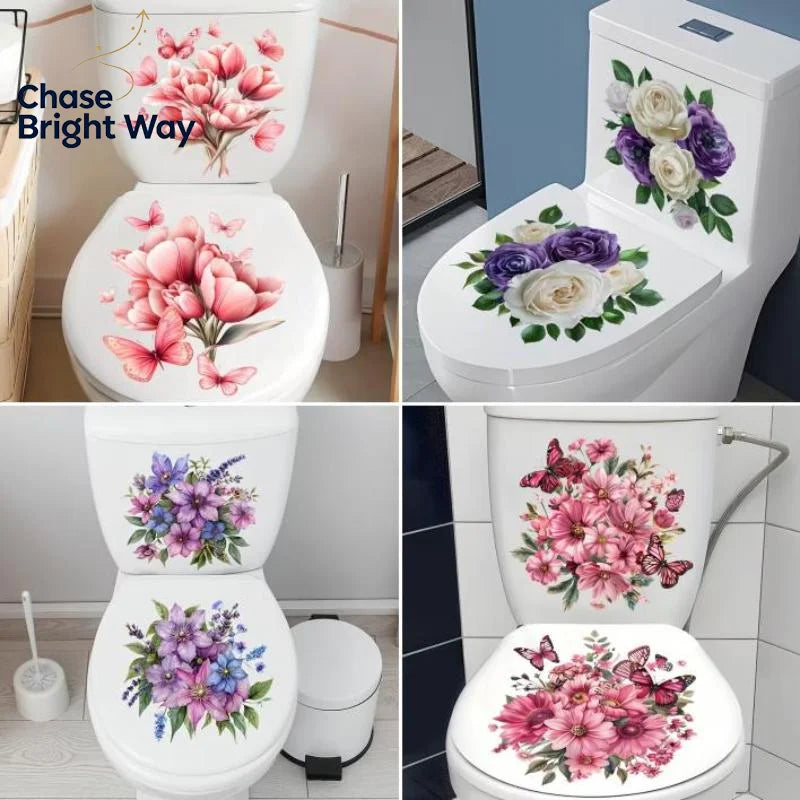 Floral Toilet Lid & Bathroom Wall Sticker – Waterproof PVC