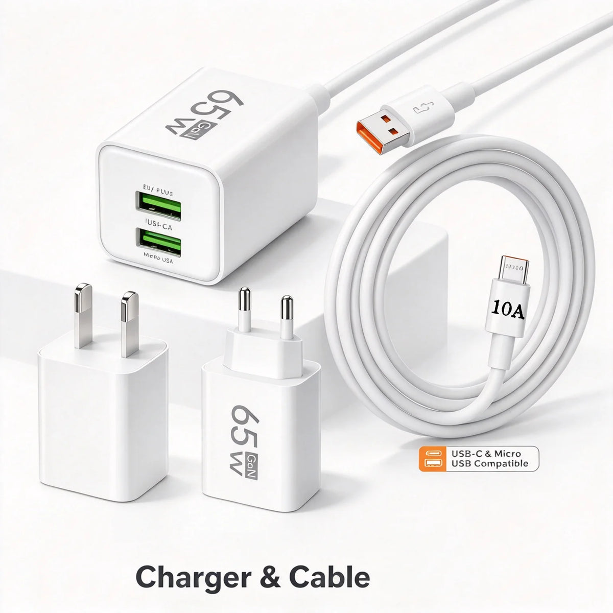 65W GaN 3-Port Fast Wall Charger – Dual USB-C + USB-A EU Plug