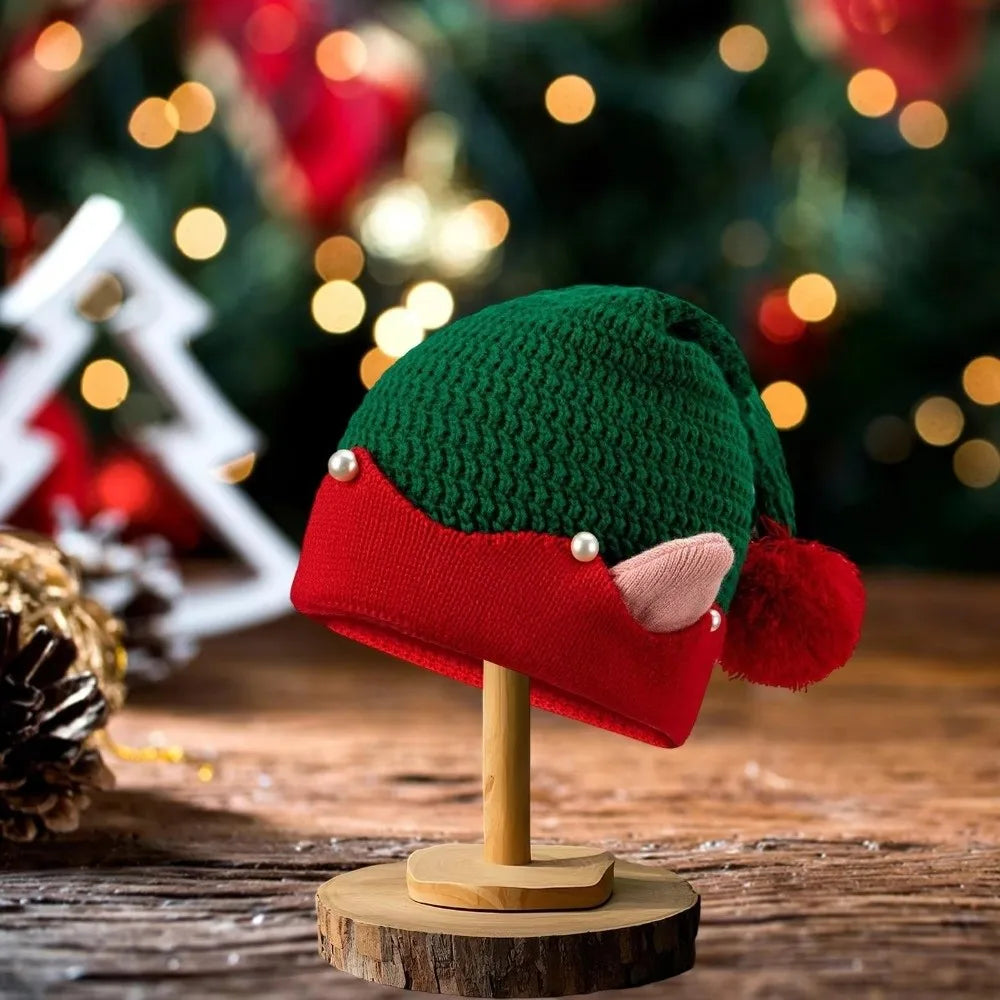 Knitted Christmas Elf Hat – Striped Jacquard Cap with Pom-Pom