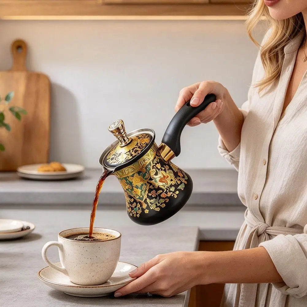 Stainless Steel Turkish Coffee Pot | 350/550/750ml Gold Floral