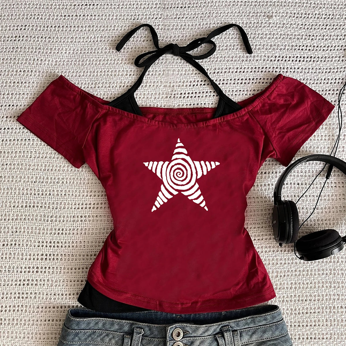 Women's Y2K Harajuku Halter Neck Fake Two-Piece Print T-Shirt