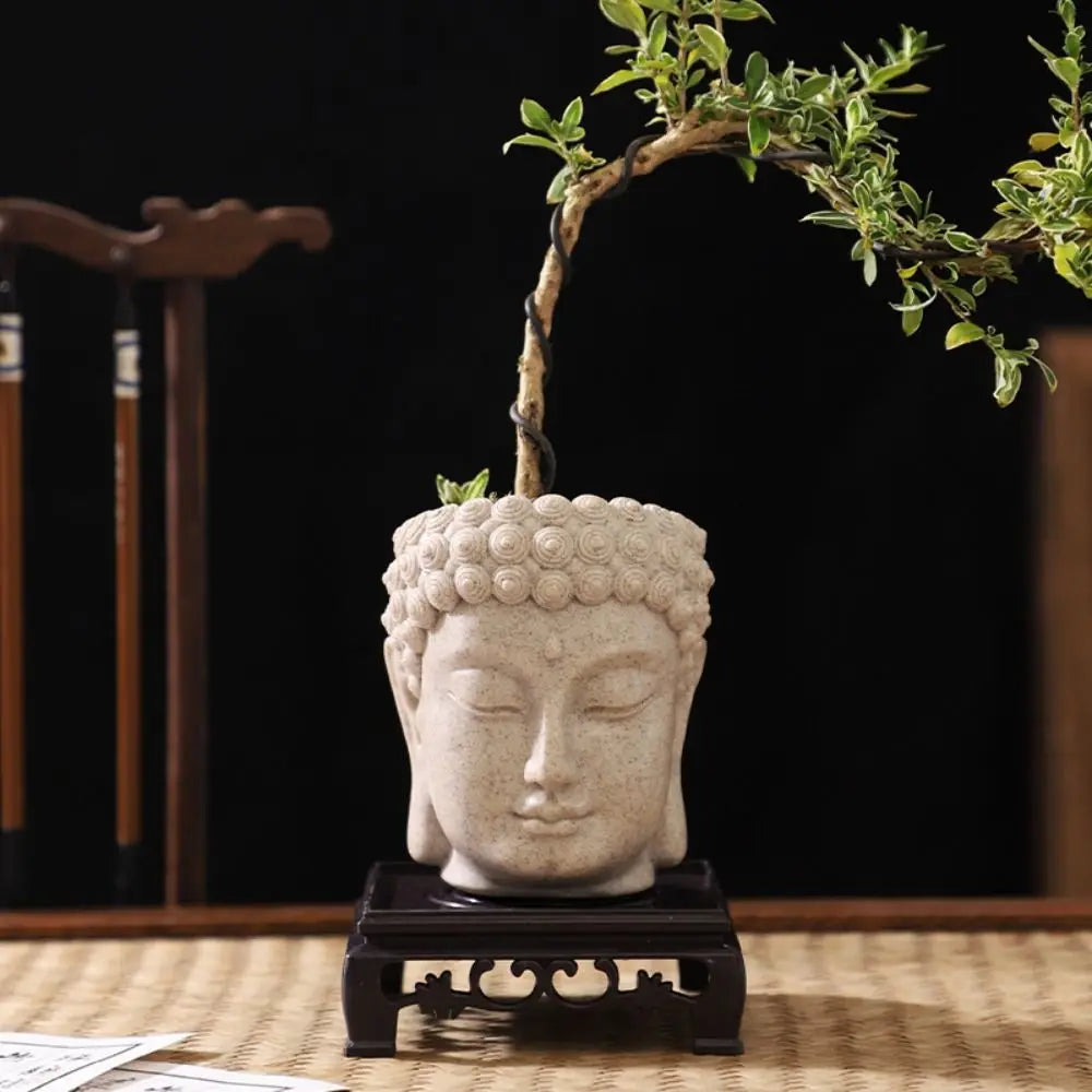 Resin Buddha Head Planter with Drainage Hole | Desktop Statue Pot