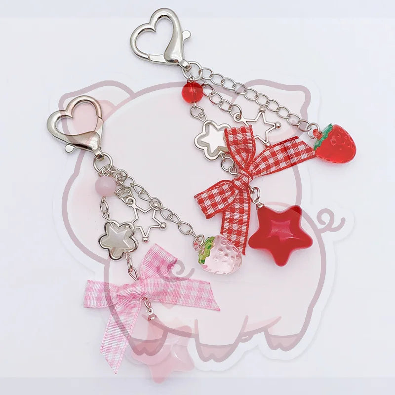 Strawberry Bow Beaded Keychain – Cute Phone Lanyard Pendant