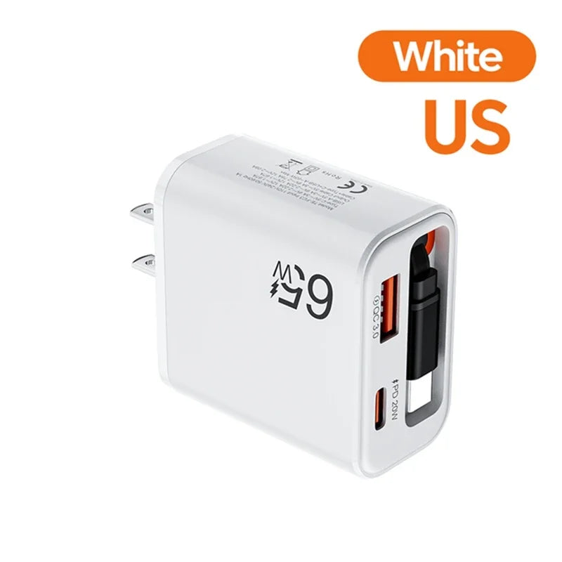 65W USB-C Wall Charger QC 3.0 PD + Retractable Cable