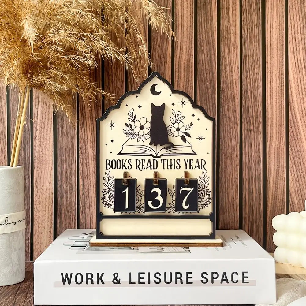 Wooden Cat Books Read Tracker Sign – Reading Counter for Book Lovers