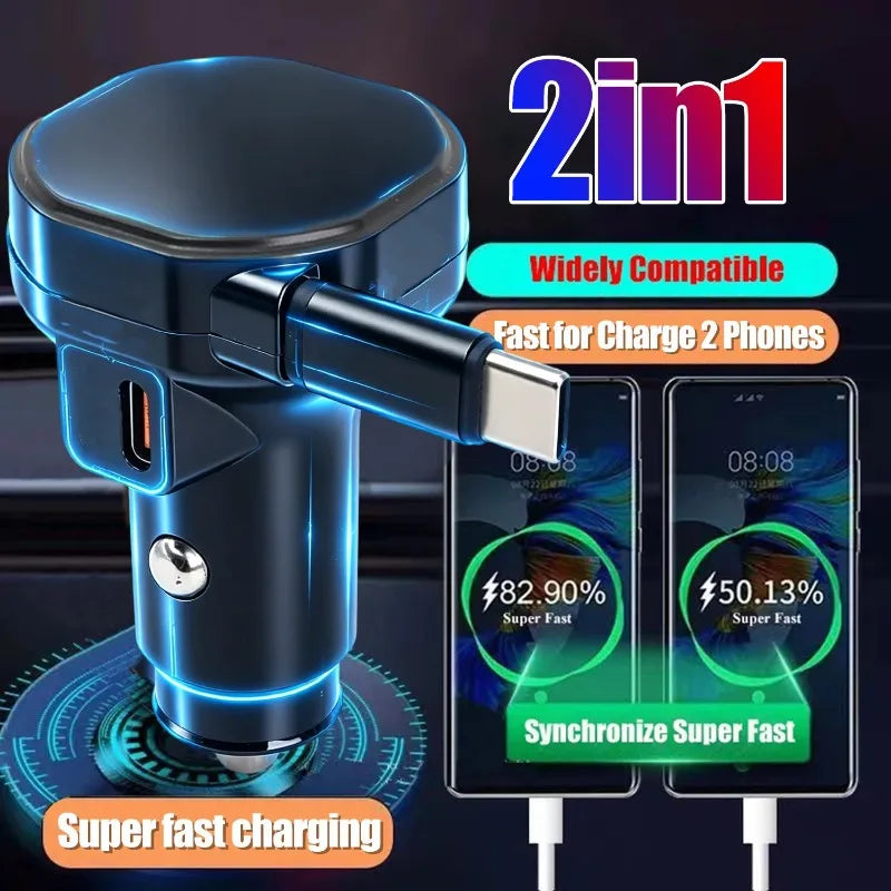 60W USB-C Car Charger with Retractable Cable & Dual Ports